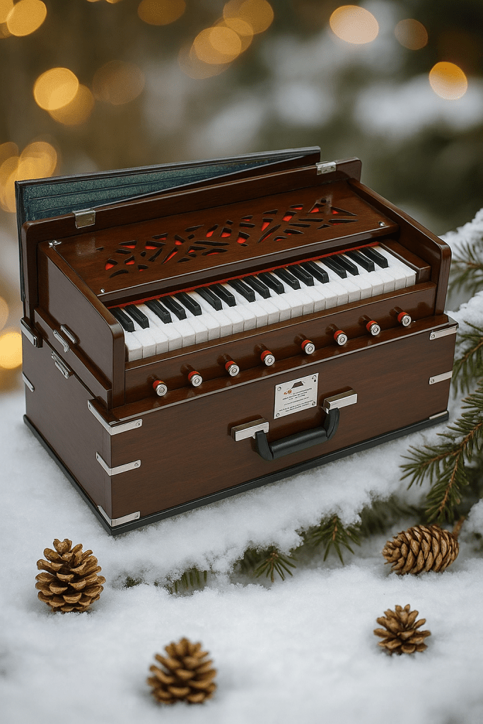 A harmonium placed on a snowy surface with pinecones and greenery around it, featuring decorative details and keys.