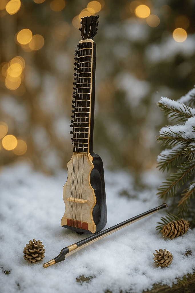 A beautifully crafted Tanti Saaj (string instrument) resting on snow, accompanied by a bow and pine cones in the background.