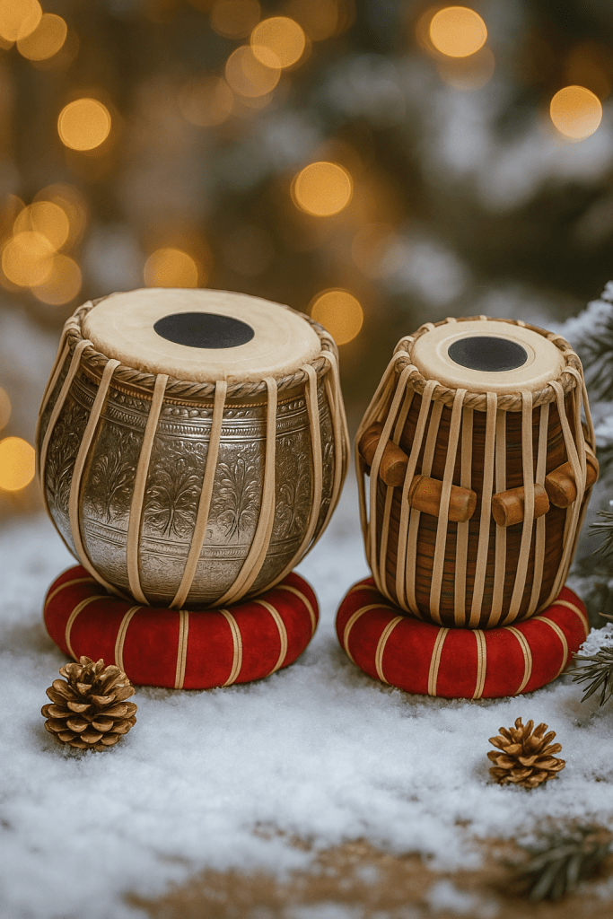 Two traditional Indian tabla drums placed on red cushions, surrounded by snow and pine cones, with soft bokeh lights in the background.