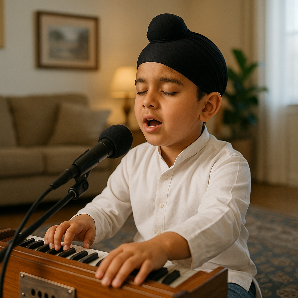 A young boy wearing a black turban sings into a microphone while playing a harmonium, seated in a cozy room.