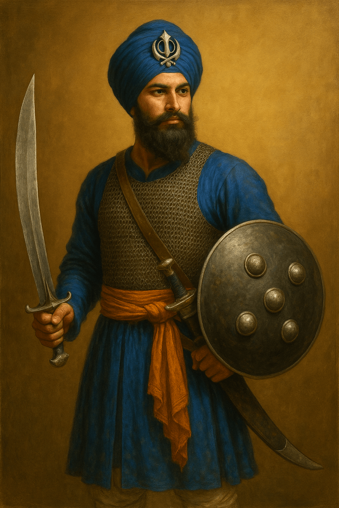 A warrior wearing a traditional blue outfit and a turban, holding a sword and a shield, with a fierce expression against a neutral background.