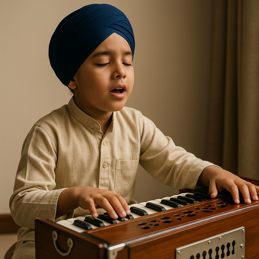 A young boy wearing a blue turban sings while playing a harmonium, with his eyes closed and focused on the music.