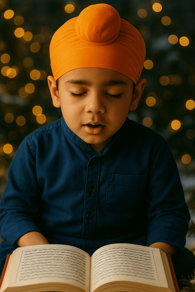 A young boy wearing an orange turban sits with his eyes closed, reciting from a book open in front of him, surrounded by soft glowing lights.