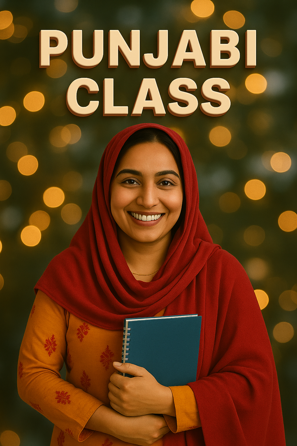 A smiling woman wearing a red shawl holds a notebook, standing in front of a blurred background with warm lights, promoting a Punjabi class.