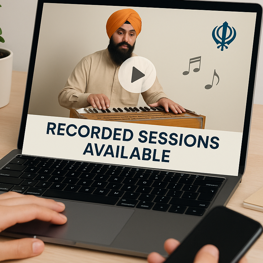 A man wearing a turban is playing a harmonium while seated at a laptop displaying a video with the text 'RECORDED SESSIONS AVAILABLE'. A hand is visible holding a phone.